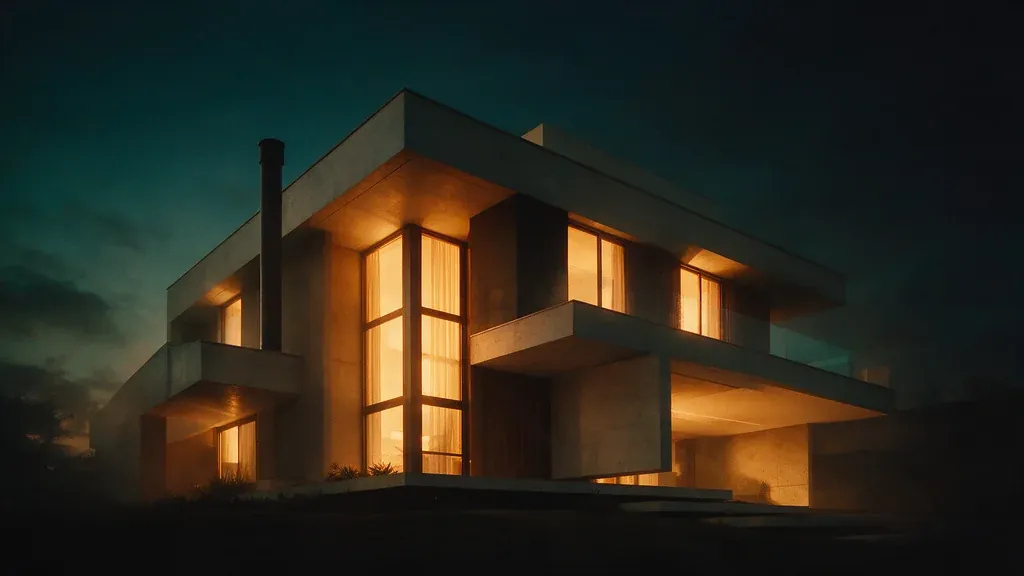 Fachada iluminada de uma casa moderna à noite